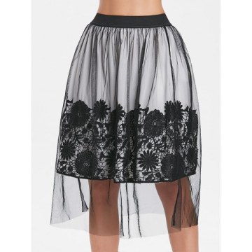 Mesh Overlap ace Applique Midi Skirt - Black