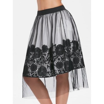 Mesh Overlap ace Applique Midi Skirt - Black