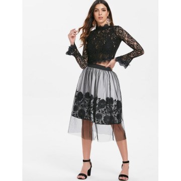 Mesh Overlap ace Applique Midi Skirt - Black