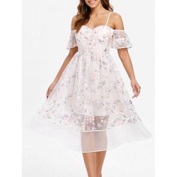 Mesh Panel Floral Embroidery Dress - akura Pink