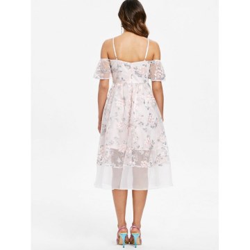 Mesh Panel Floral Embroidery Dress - akura Pink