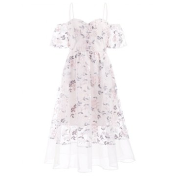 Mesh Panel Floral Embroidery Dress - akura Pink