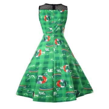 Mesh Panel Printed A Line Dress - Deep Green