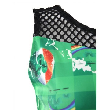 Mesh Panel Printed A Line Dress - Deep Green