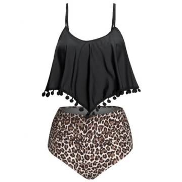 Mix and Match High Waist Overlay Leopard Tankini - Black