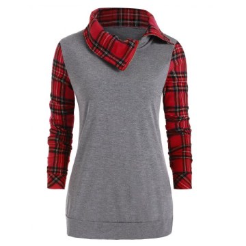 ock Button Plaid Loose Sweatshirt - Gray
