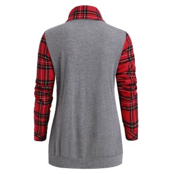ock Button Plaid Loose Sweatshirt - Gray