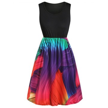 Multicolor Printed Sleeveless Mini Dress - Black