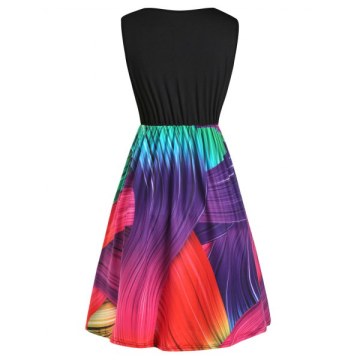Multicolor Printed Sleeveless Mini Dress - Black