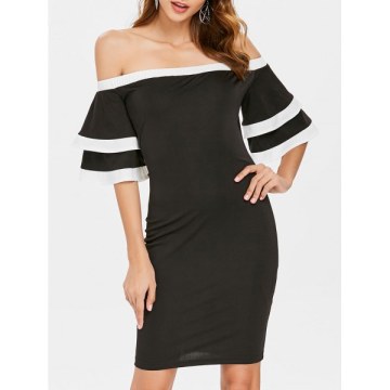 Off Shoulder Bell Sleeve Bodycon Dress - Black