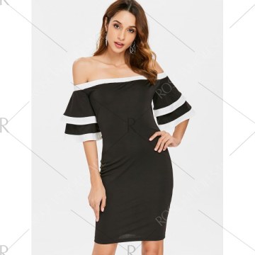 Off Shoulder Bell Sleeve Bodycon Dress - Black