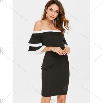 Off Shoulder Bell Sleeve Bodycon Dress - Black