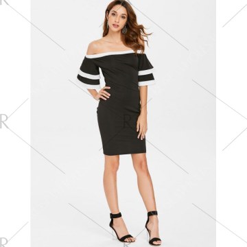 Off Shoulder Bell Sleeve Bodycon Dress - Black