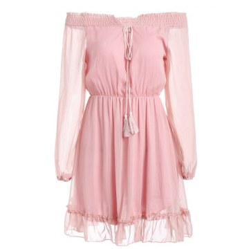 Off Shoulder Chiffon Mini Dress - ight Pink