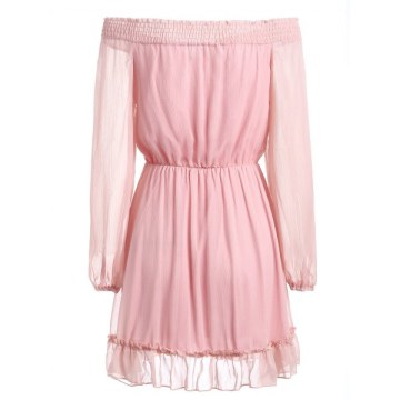 Off Shoulder Chiffon Mini Dress - ight Pink