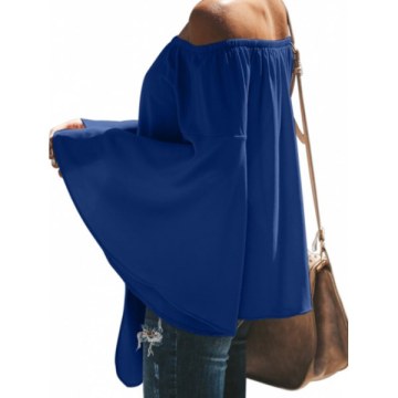 Off houlder Flare leeve Knot Hem Blouse - Blue