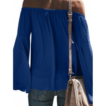 Off houlder Flare leeve Knot Hem Blouse - Blue