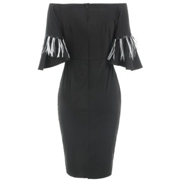 Off Shoulder Fringed Sleeve Fitted Dress - Black