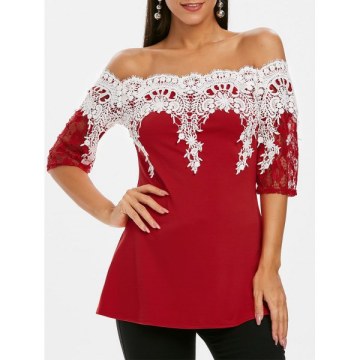 Off Shoulder Lace Panel Half Sleeves Tee - Red