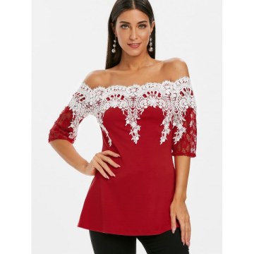 Off Shoulder Lace Panel Half Sleeves Tee - Red