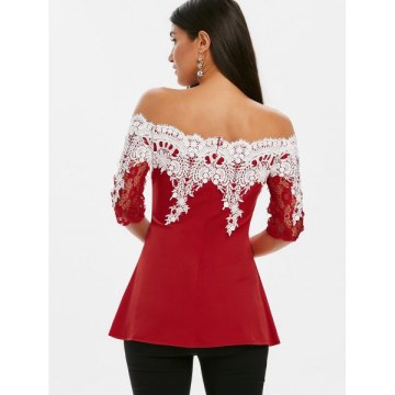 Off Shoulder Lace Panel Half Sleeves Tee - Red