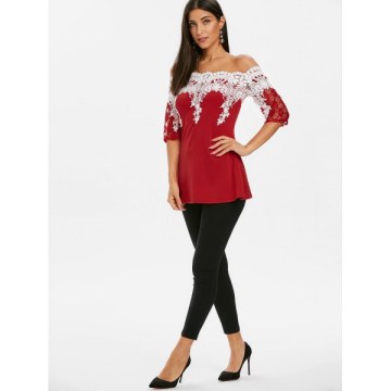Off Shoulder Lace Panel Half Sleeves Tee - Red