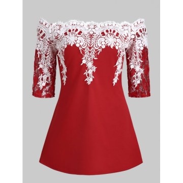 Off Shoulder Lace Panel Half Sleeves Tee - Red