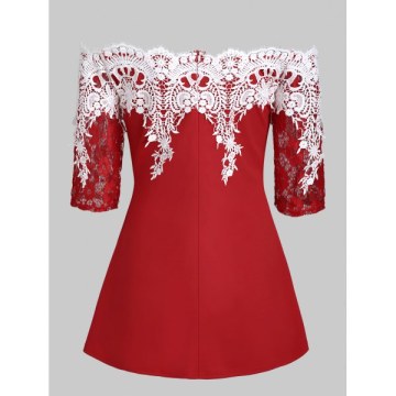 Off Shoulder Lace Panel Half Sleeves Tee - Red
