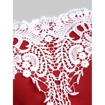 Off Shoulder Lace Panel Half Sleeves Tee - Red