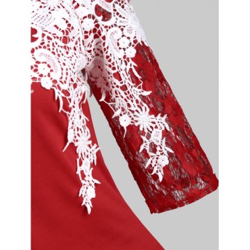 Off Shoulder Lace Panel Half Sleeves Tee - Red
