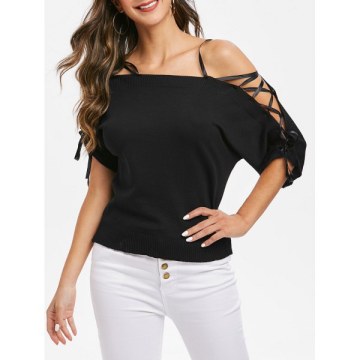 Off Shoulder Lace Up Sleeves Sweater - Black One