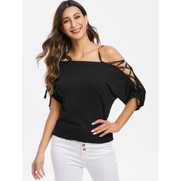 Off Shoulder Lace Up Sleeves Sweater - Black One