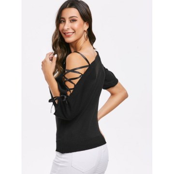 Off Shoulder Lace Up Sleeves Sweater - Black One
