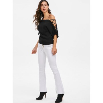 Off Shoulder Lace Up Sleeves Sweater - Black One