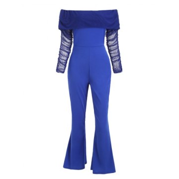 Off houlder Mesh Panel Long leeves Jumpsuit - Blue