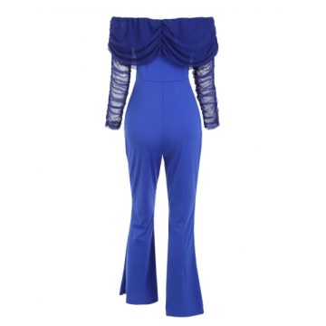 Off houlder Mesh Panel Long leeves Jumpsuit - Blue