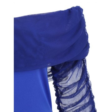Off houlder Mesh Panel Long leeves Jumpsuit - Blue