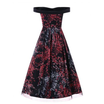 Off The Shoulder Floral Print Vintage Dress -
