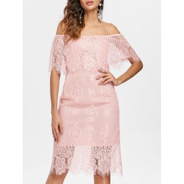 Off The Shoulder Lace Dress - Light Pink