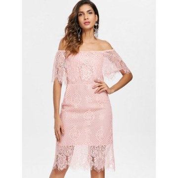 Off The Shoulder Lace Dress - Light Pink