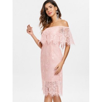 Off The Shoulder Lace Dress - Light Pink