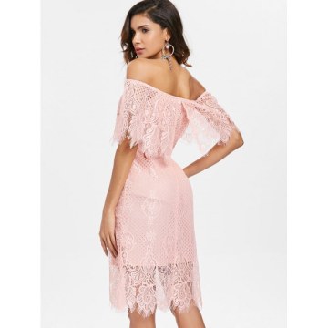 Off The Shoulder Lace Dress - Light Pink