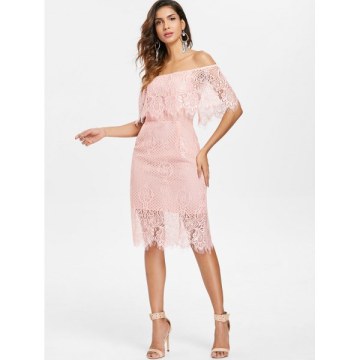 Off The Shoulder Lace Dress - Light Pink