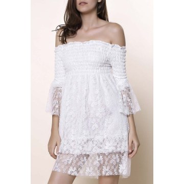 Off The Shoulder Lace Trim Short Dress - White One Size(fit Size Xs To