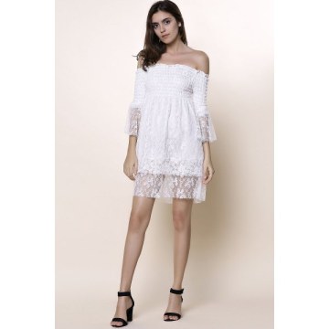 Off The Shoulder Lace Trim Short Dress - White One Size(fit Size Xs To