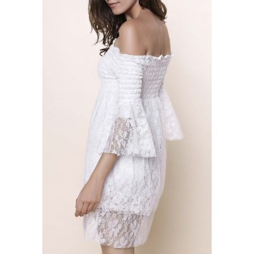 Off The Shoulder Lace Trim Short Dress - White One Size(fit Size Xs To