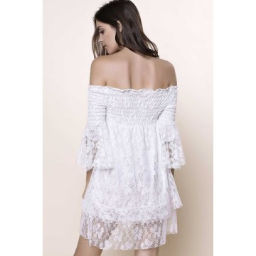 Off The Shoulder Lace Trim Short Dress - White One Size(fit Size Xs To