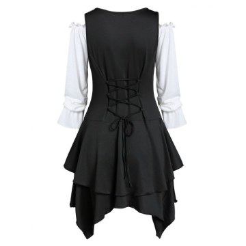 Off The Shoulder Plain Top and Asymmetric Layered Lace-up Vest - Black