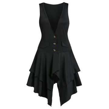 Off The Shoulder Plain Top and Asymmetric Layered Lace-up Vest - Black