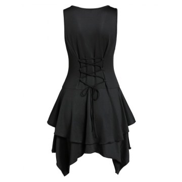 Off The Shoulder Plain Top and Asymmetric Layered Lace-up Vest - Black